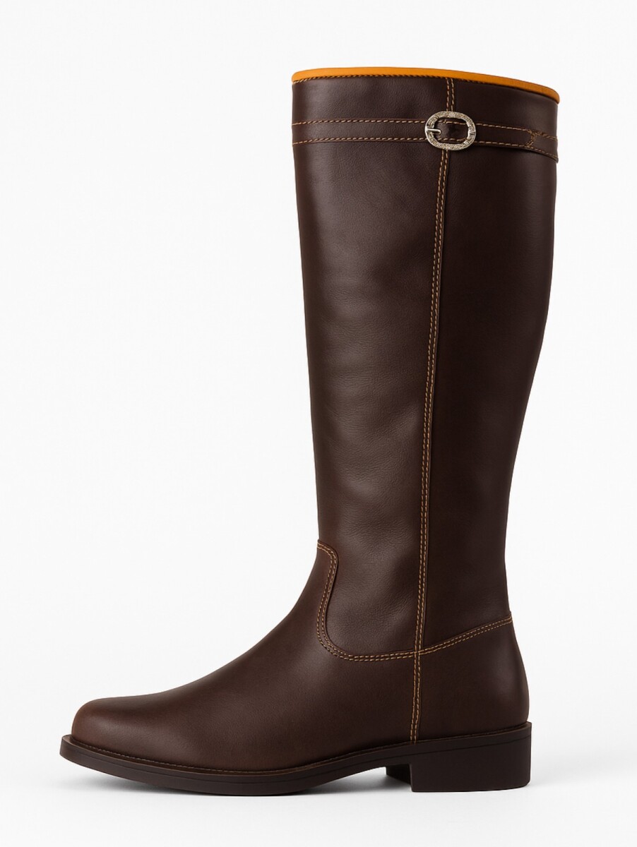 Bota cuero caña larga suela de goma - Marron oscuro 