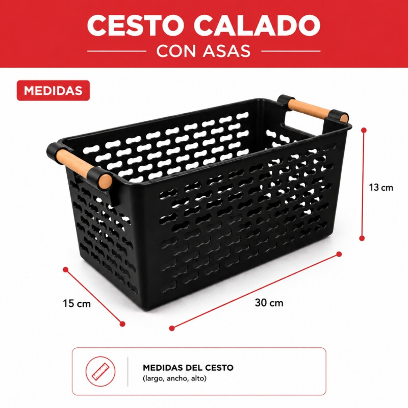 Cesto calado con asas 30 x 15 x 13 NEGRO
