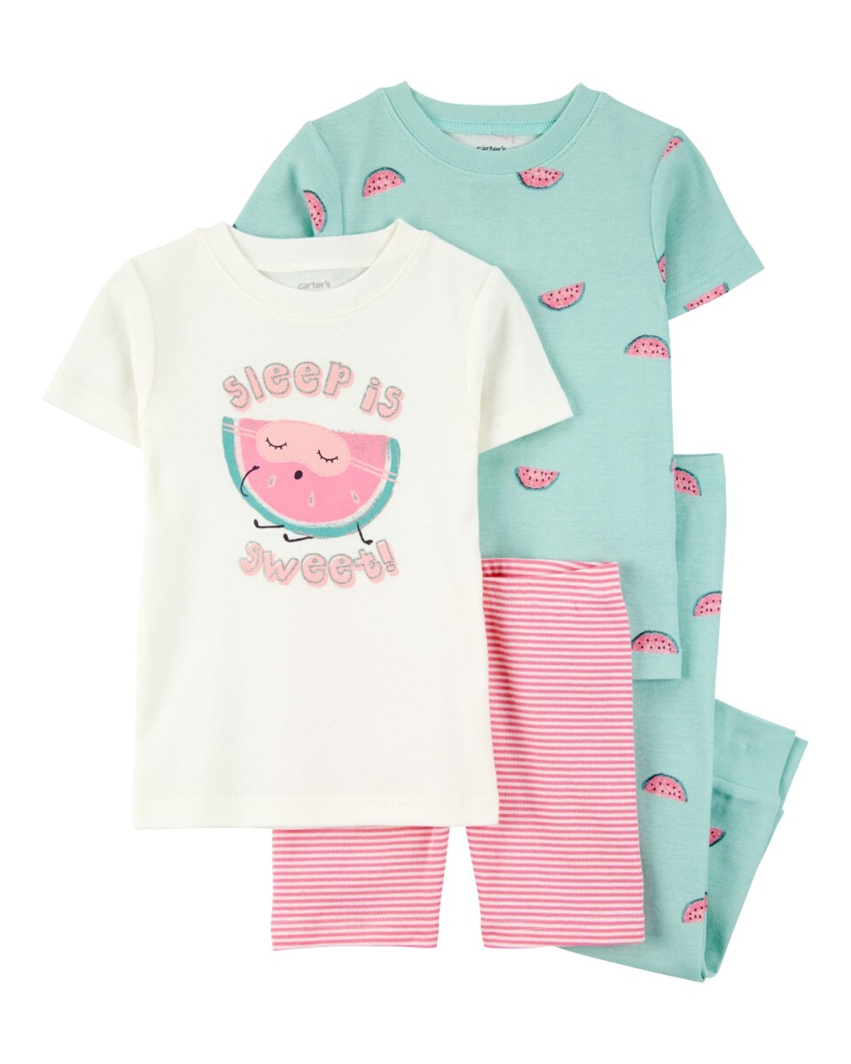 Pijama cuatro piezas de algodón, dos remeras, short y pantalón, diseño sandías 