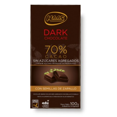 Tableta de Chocolate HAAS Dark 70% Cacao Sin Azúcar Amargo con Semillas de Zapallo 100 GR Tableta de Chocolate HAAS Dark 70% Cacao Sin Azúcar Amargo con Semillas de Zapallo 100 GR