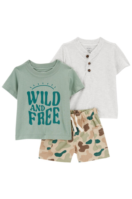 Set tres piezas de algodón, short camo y dos remeras manga corta Sin color