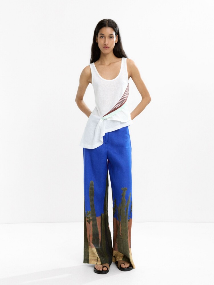 Pantalón Estampado 100 % Lino azul