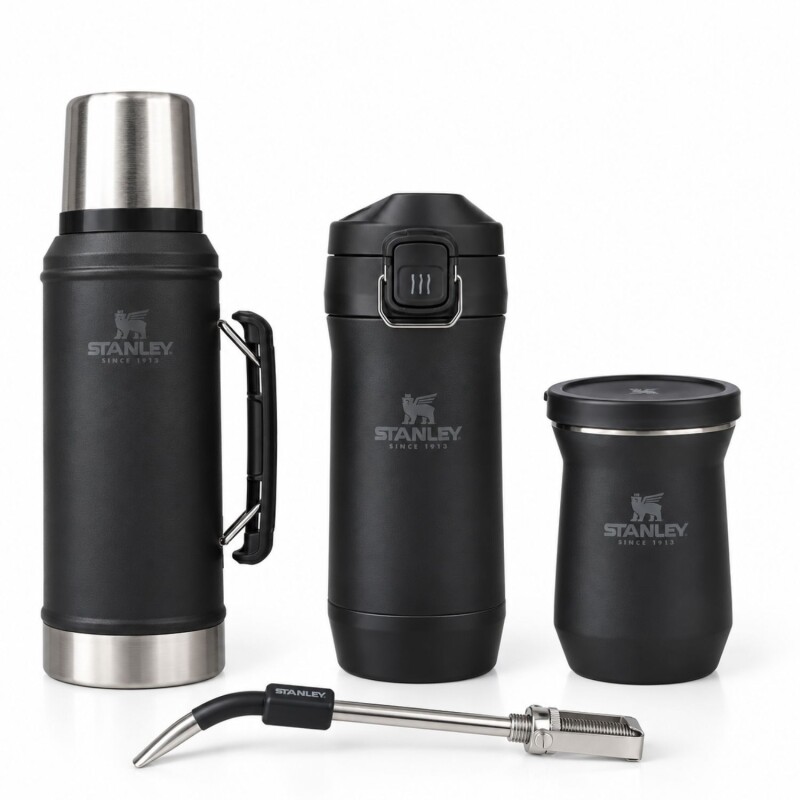 Set Stanley Completo Termo + Mate + Bombilla + Yerbera Para Mate Y Bebidas Negro