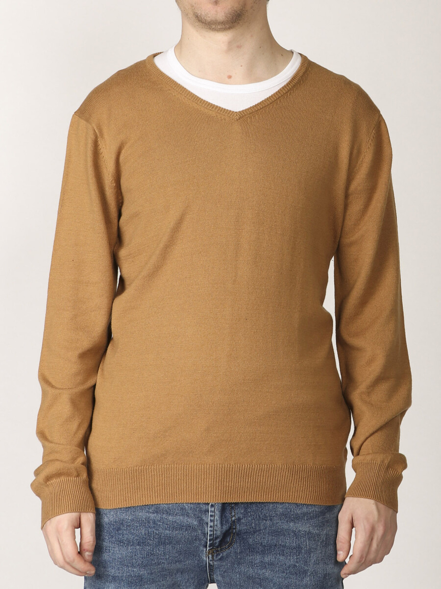 SWEATER V HARRINGTON LABEL - Camel 