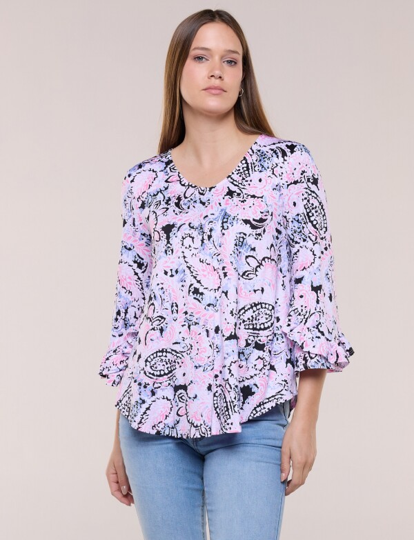 Blusa Holgada Manga 3/4 Con Volado ROSA/MULTI