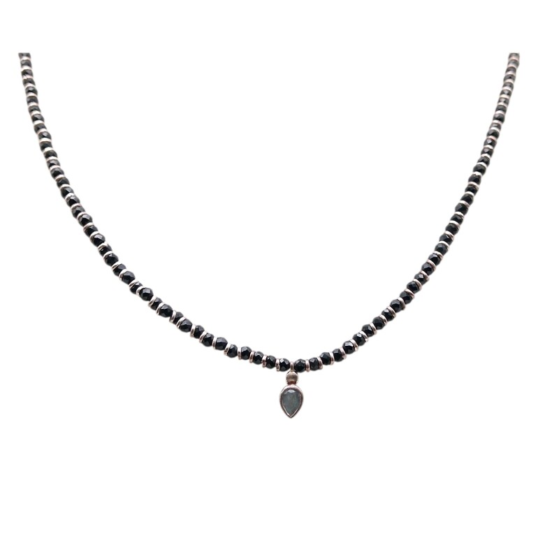 Conjunto Brahma- Plata rodinada 925- Piedra Espinela negra y Labradorita-CJ2035 conpiedra