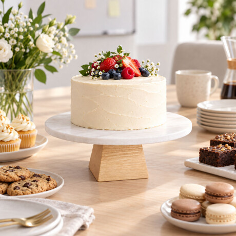 Soporte Para Tortas Mármol Natural Pie Bambú Elegante Blanco