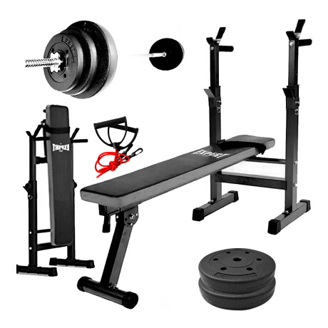 Banco Pecho Plegable + Barra 1.50m Maciza +20kg Pesas 2 discos de 10 kg