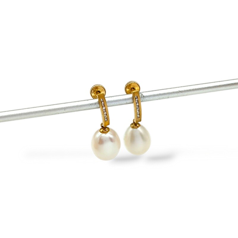 Caravanas Perlas y piedra de oro- Oro bajo - Perla de río y Zirconias - CA8000 conperla