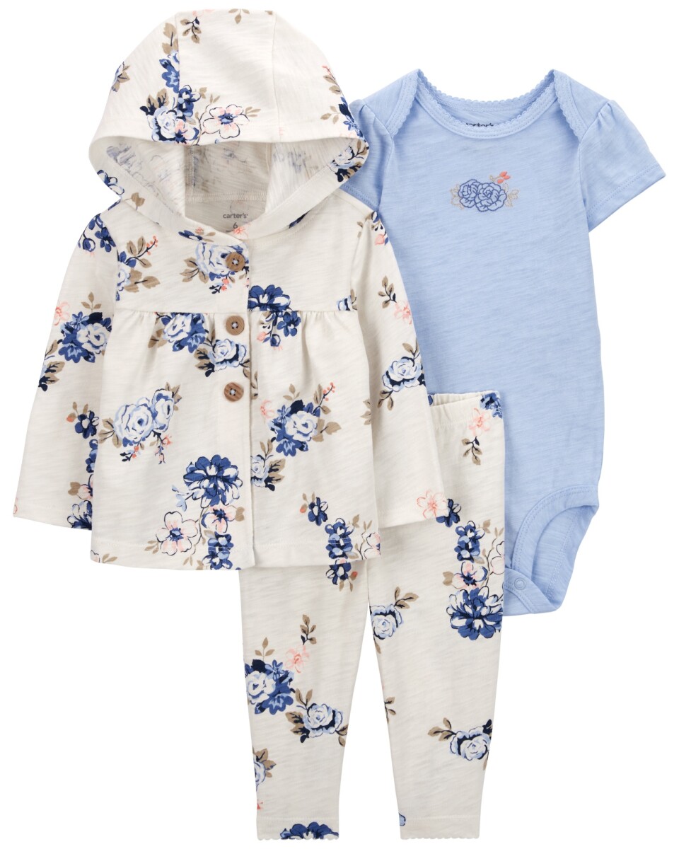 Set tres piezas de algodón, calza, saco y body diseño floral 