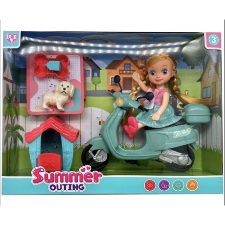 Muñeca en Scooter con Mascota y Casa de Perro 001