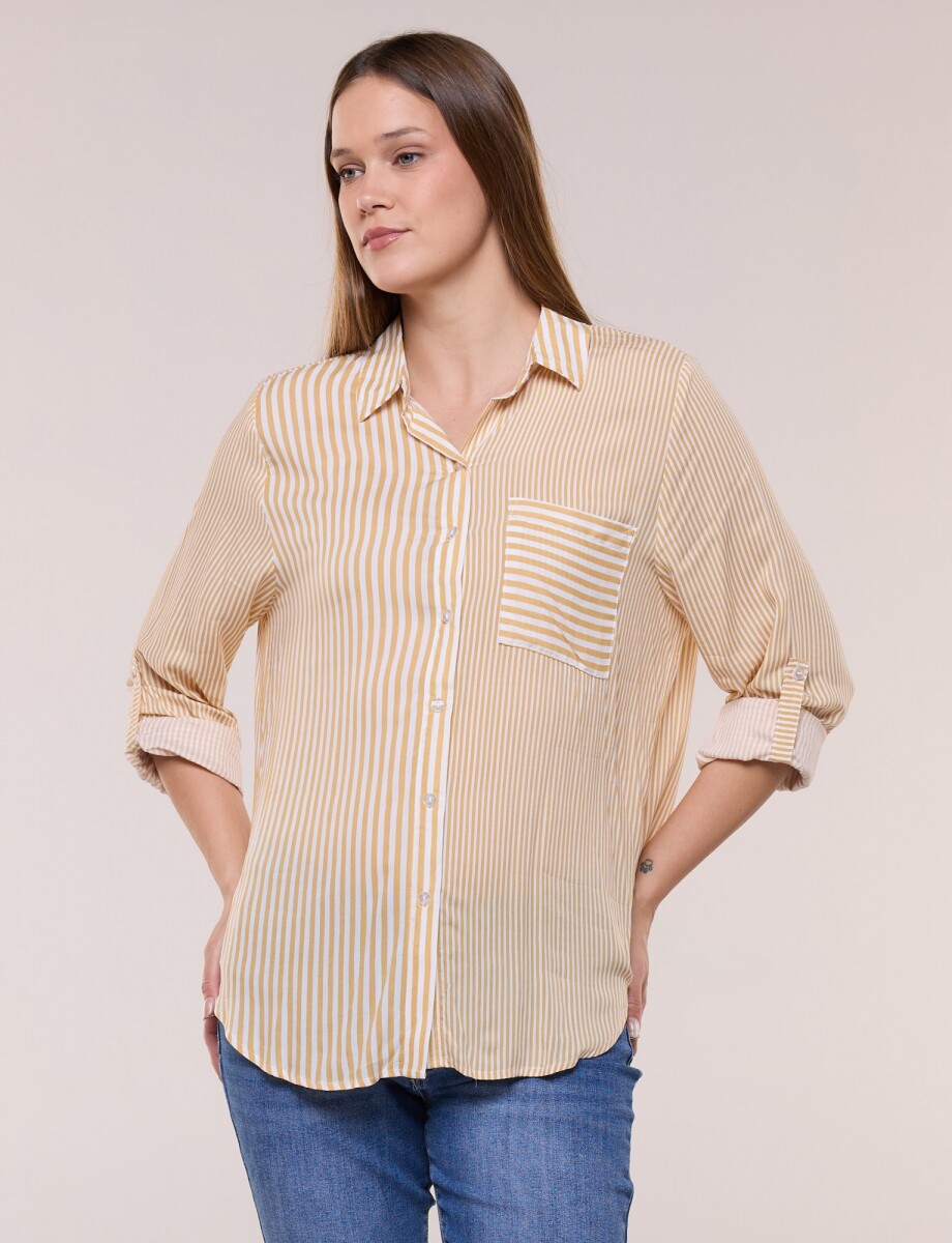 Camisa Rayas Y Ruedo Curvo - Mostaza 
