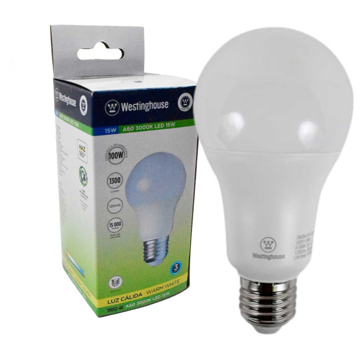 LAMPARA LED WESTINGHOUSE 15 W E27 A60 CALIDA NON-DIMMABLE 1300LM 39052-48 