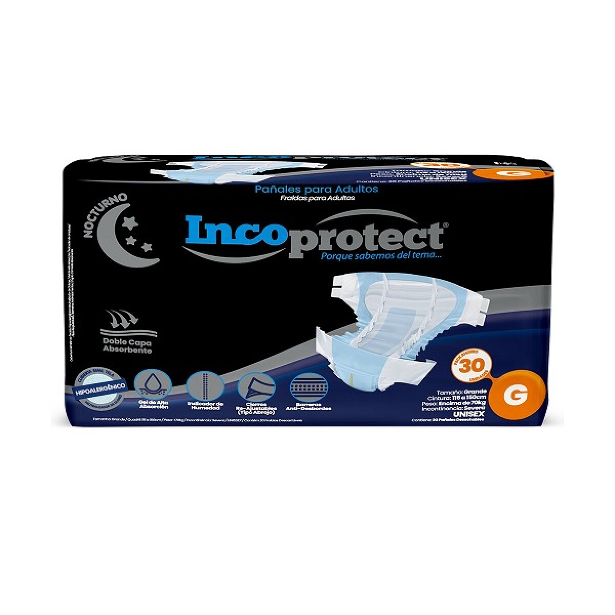 PAÑAL INCOMPROTECT NOCTURNO G 30U 70 A 90KG 