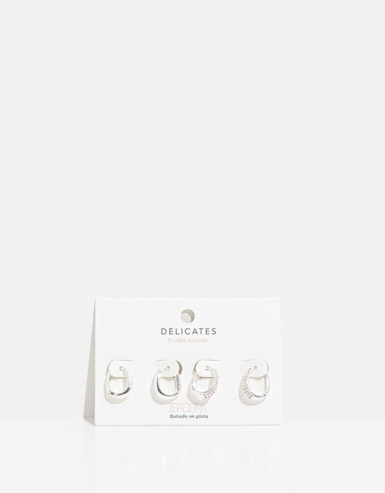 Aros Argollas Set Strass Set De Argollas Con Cubic - Plateado Rodio