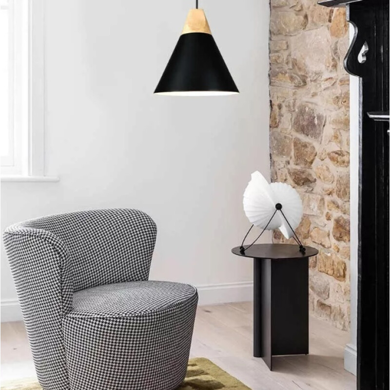 Lampara Colgante De Techo Campana Nordica Metal Madera Negro