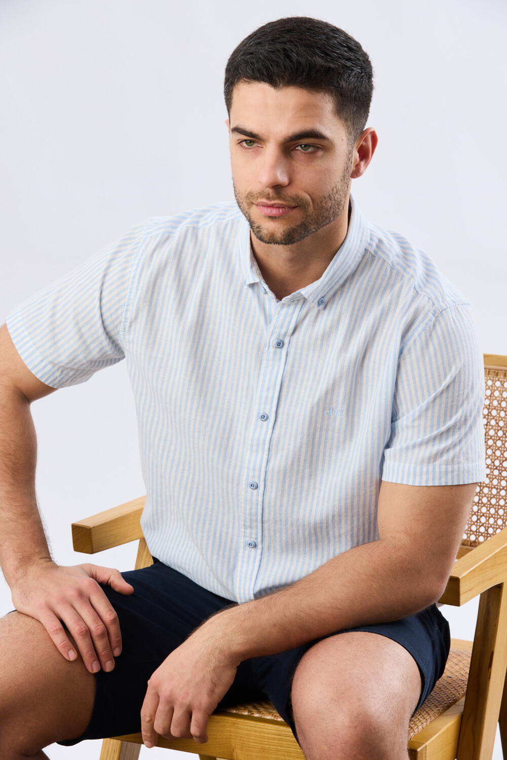 CAMISA RAYADA DE LINO Celeste