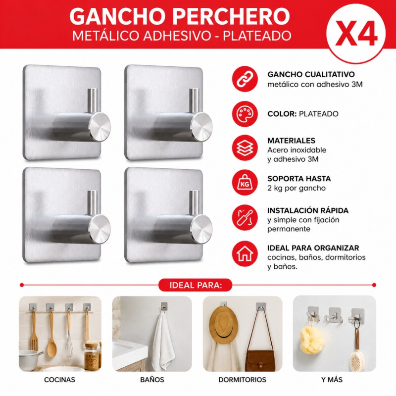 Kit 4 Ganchos perchero metálico adhesivo PLATEADO