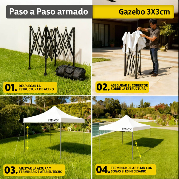 Gazebo Plegable 3x3 M Auto armable Toldo Playa Jardin Carpa Tela 600d IMBACK Color Blanco Gazebo Plegable 3x3 M Auto armable Toldo Playa Jardin Carpa Tela 600d IMBACK Color Blanco