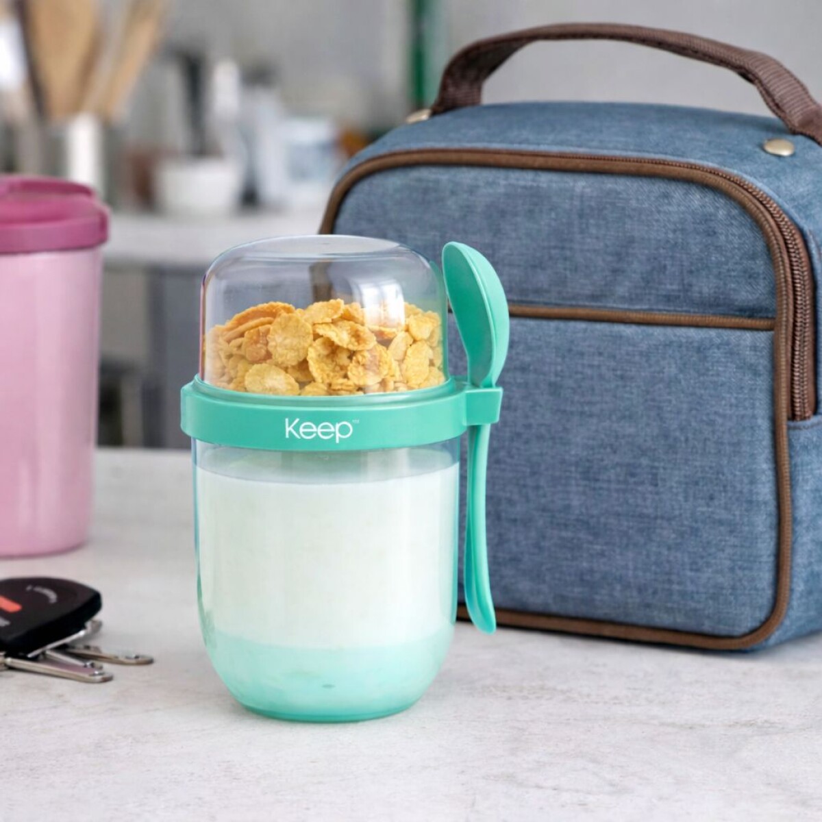 Tupper para Yogur y Snack con Doble Compartimento y Cuchara - Verde Agua 