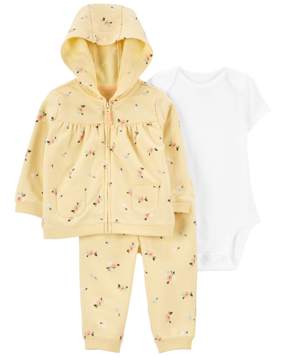 Set tres piezas campera, pantalón y body de algodón diseño floral 
