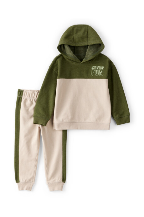 Set dos piezas de algodón, pantalón y buzo con capucha, diseño bloques de color verde y crema Sin color