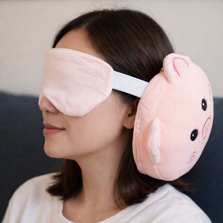 Almohada de viaje con tapaojos animalitos Rosado