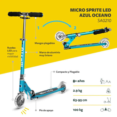 Monopatín Micro Sprite Plegable LED Ajustable con 2 Ruedas Celeste