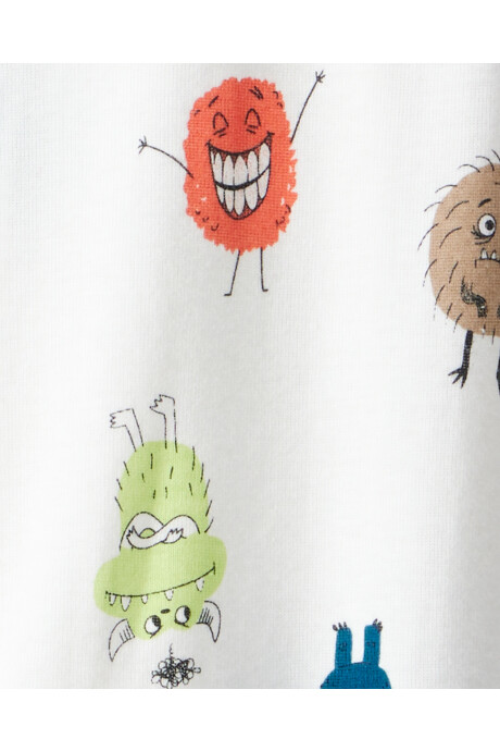 Pijama una pieza de algodón, con pie, blanco, diseño monstruos Sin color