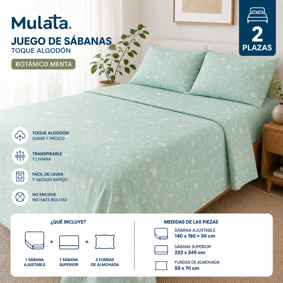 Juego De Sabanas 2 Plazas Toque Algodón Sommier Botánico Menta 