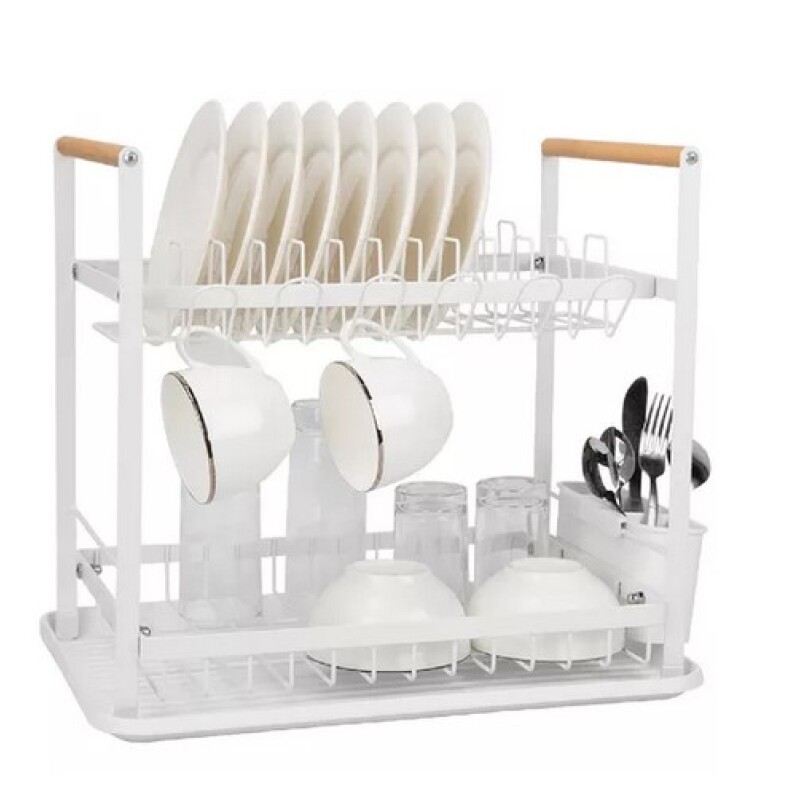 Escurridor de platos 2 pisos metal con madera Blanco