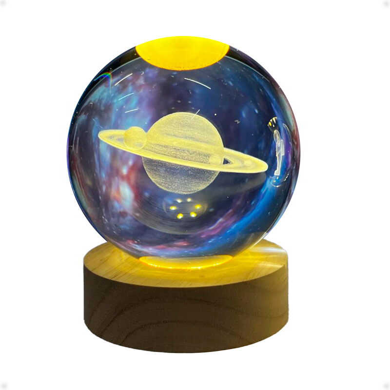 Lampara Veladora Bola de Cristal de 8 CM con Led y Base de Madera Saturno