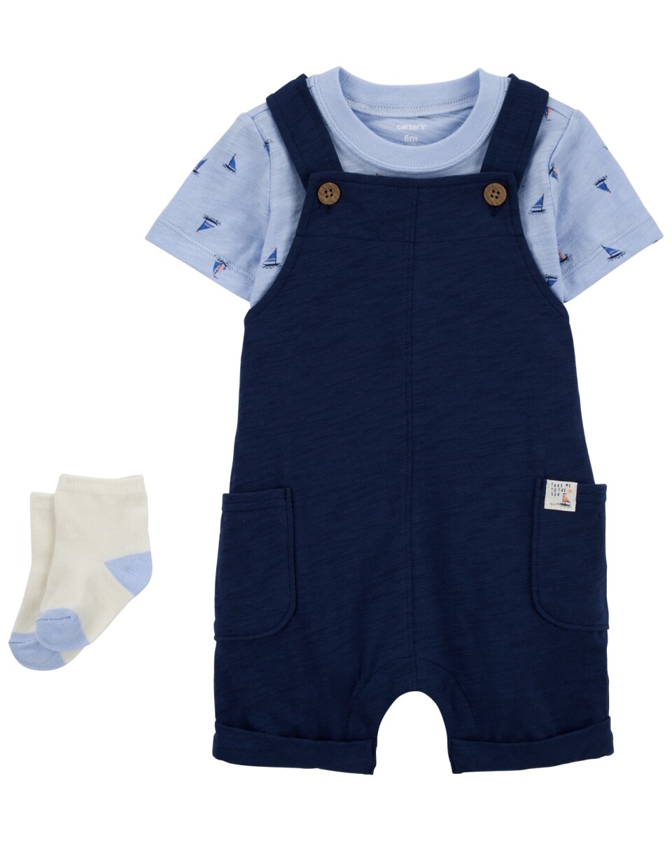 Set tres piezas de algodón, enterito corto, remera y medias azules 