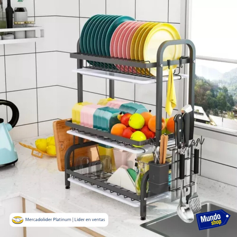 Escurridor De Platos Acero Tres Niveles Con Bandeja Negro