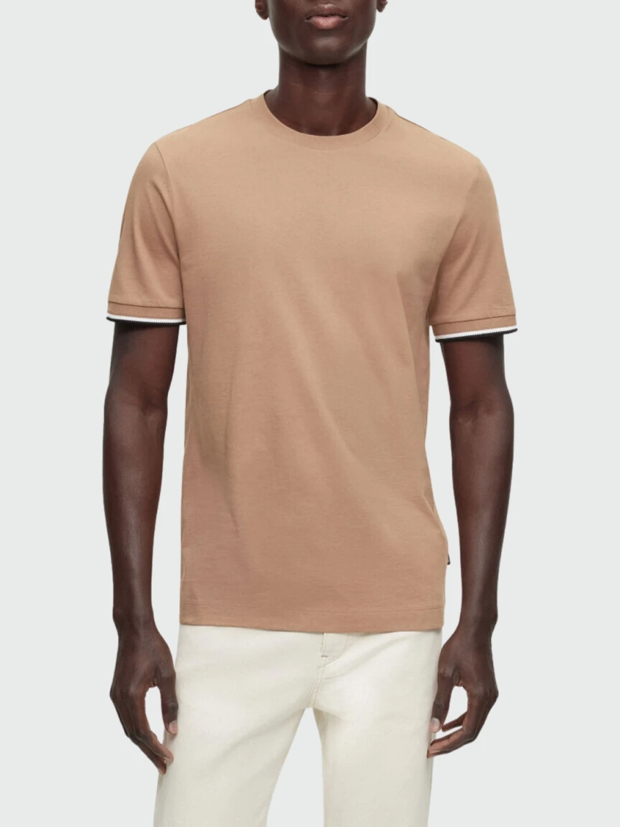 Hugo Boss - Remera de algodón con rayas características en los puños, THOMPSON - Beige 