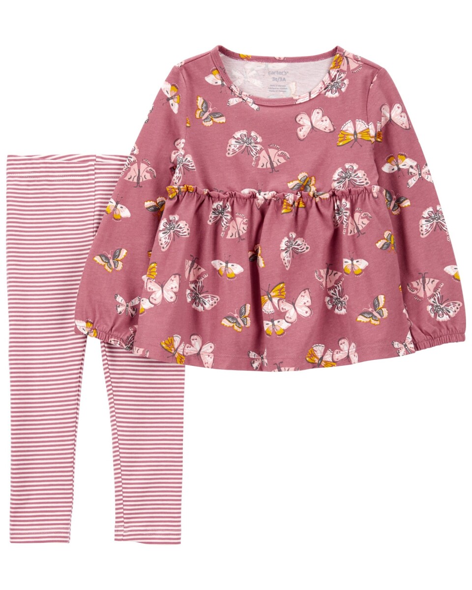 Set dos piezas de algodón, calza y blusa, diseño mariposas. Talles 0-24M 