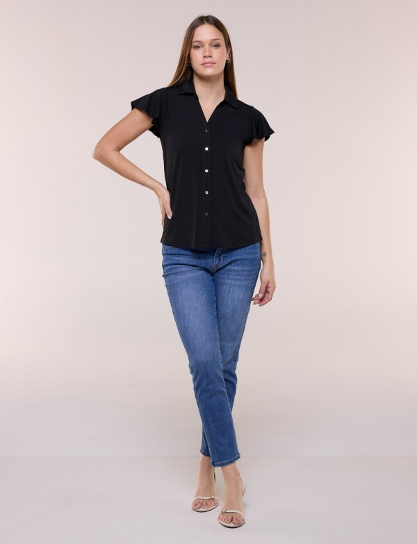 Camisa Manga Corta Con Volados NEGRO
