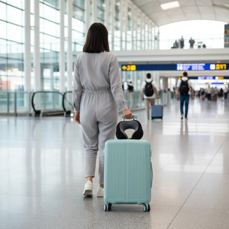 Set Valija Grande Rigida + Almohadón Cervical Memoria Negro Celeste