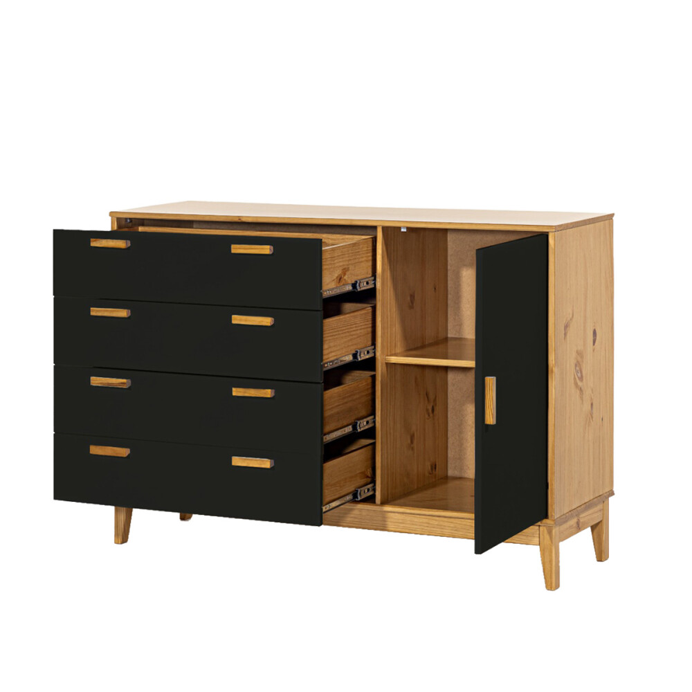 Cómoda madera maciza 4 cajones 1 puerta Negro