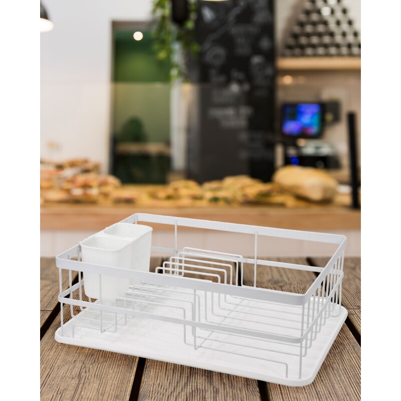 Escurridor de platos acero con bandeja y cubiertero 40x30x14cm Blanco