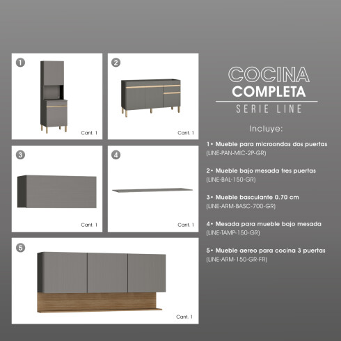 JUEGO COCINA MODULAR MOBILIARIO MDP LINE GRIS TEXTURADO GAMAS DE GRIS