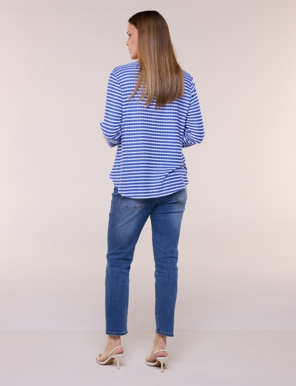Remera Texturada A Rayas Con Escote V AZUL/BLANCO