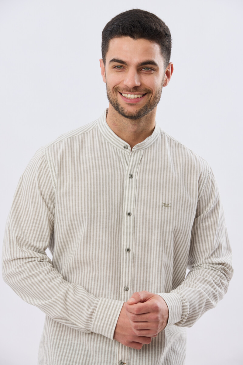 CAMISA RAYADA DE LINO CUELLO MAO - Verde 