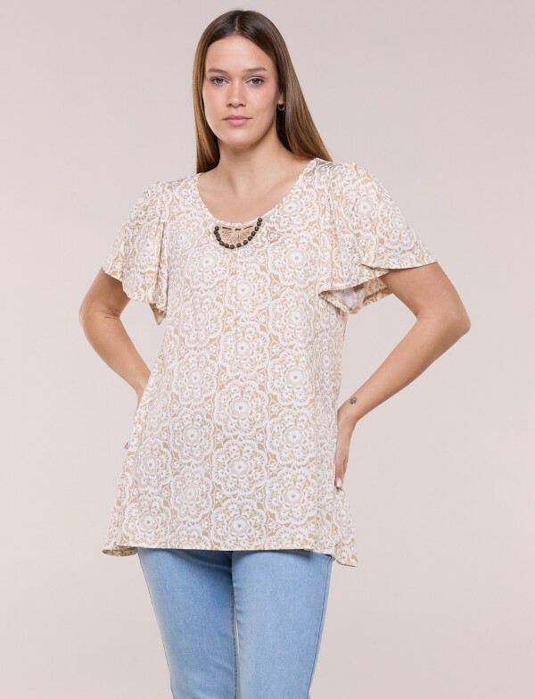 Blusa Mandalas Con Aplique étnico Y Mangas Volado BEIGE/MULTI