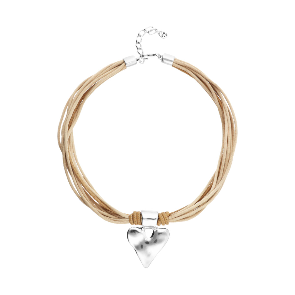COLLAR MEZCLA DE HILO DE SEDA CON CUERO BEIGE Y DETALLE DE CORAZÓN BAÑADO EN PLATA DE LEY - Colgante 