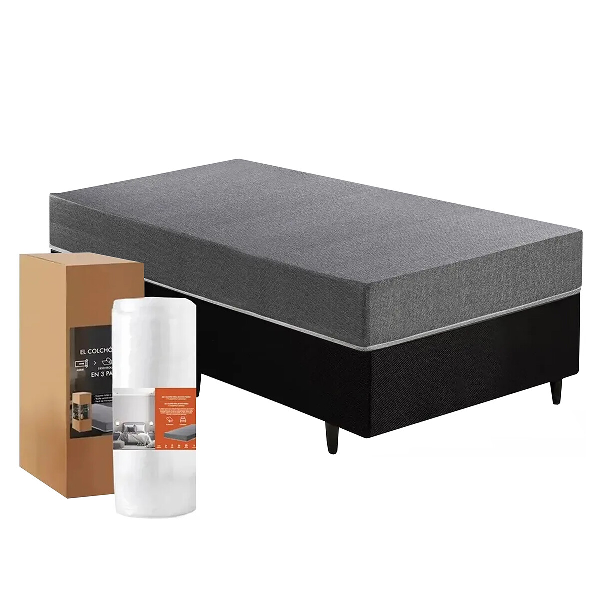 SOMMIER 1 PLAZA BASE CAMA COLCHÓN 100% ESPUMA COMPACTADO EN CAJA 