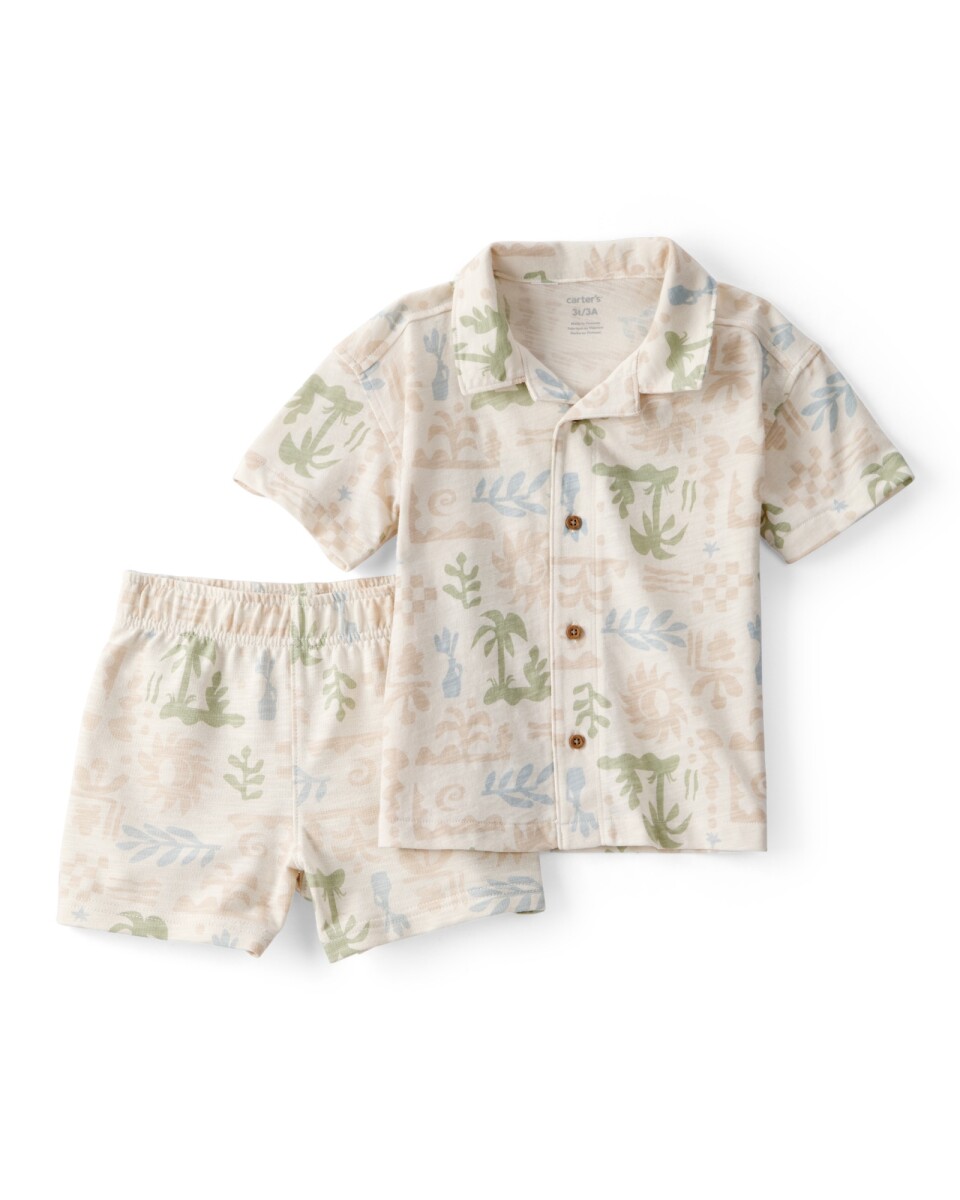 Set dos piezas de algodón, short y camisa, crema, diseño tropical. Talles 2-5T 
