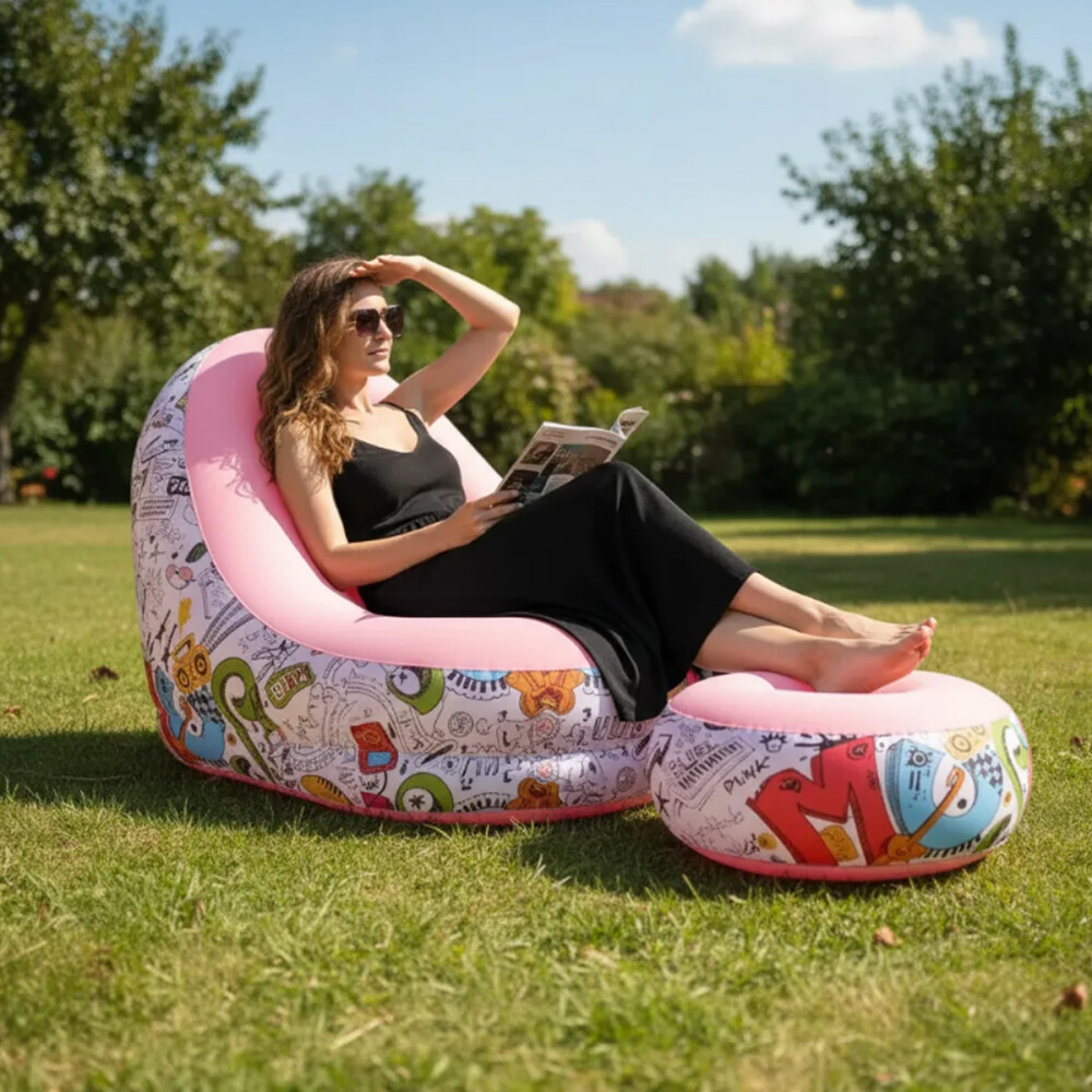 Sillón Inflable Con Puff Sofá Con Apoyapies Rosa