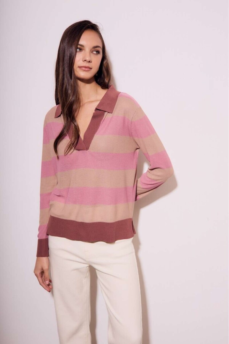 Sweater Polo Rayado - Rosa 