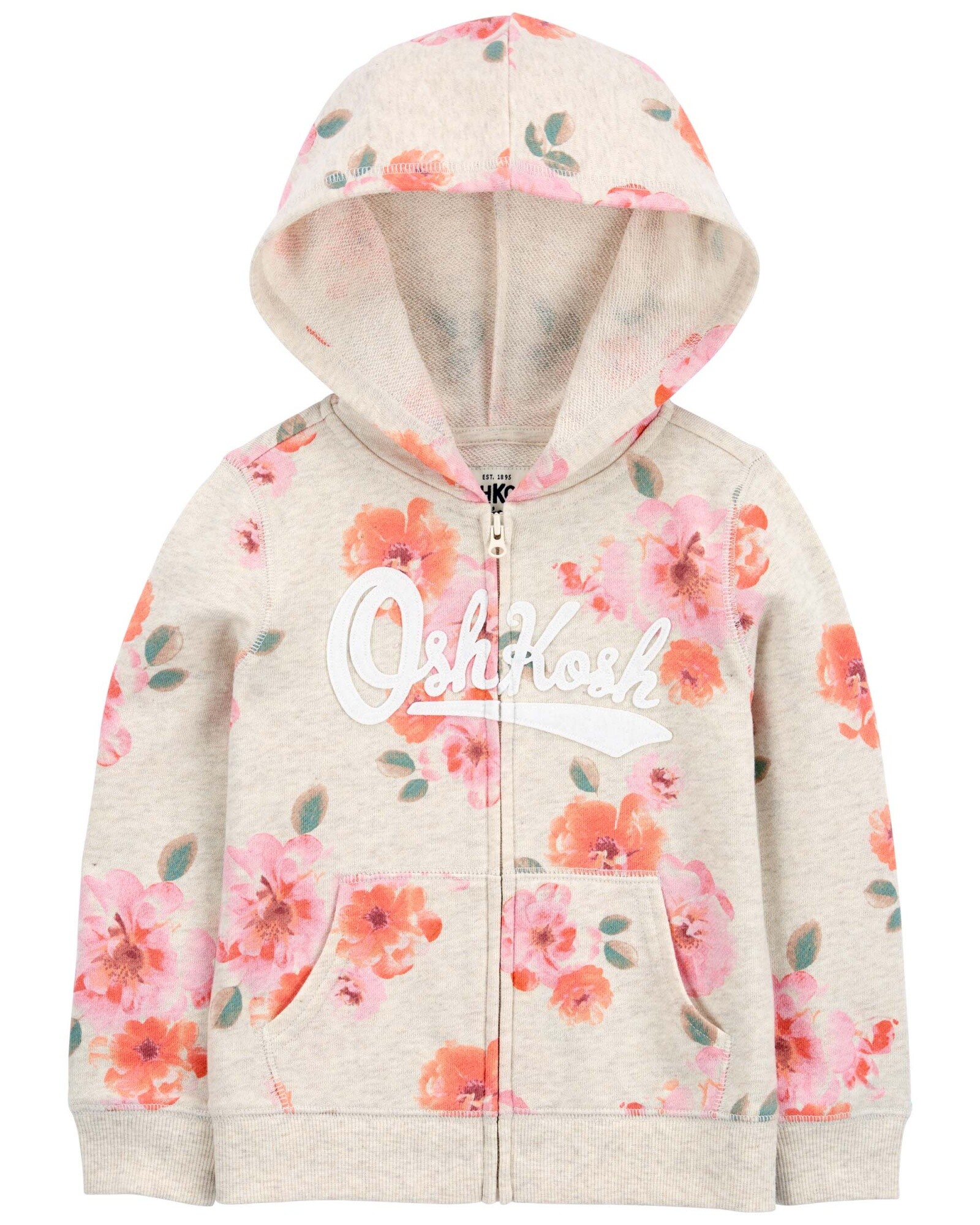 Campera de algodón, con capucha y logo diseño floral. Talles 2-5T Sin color